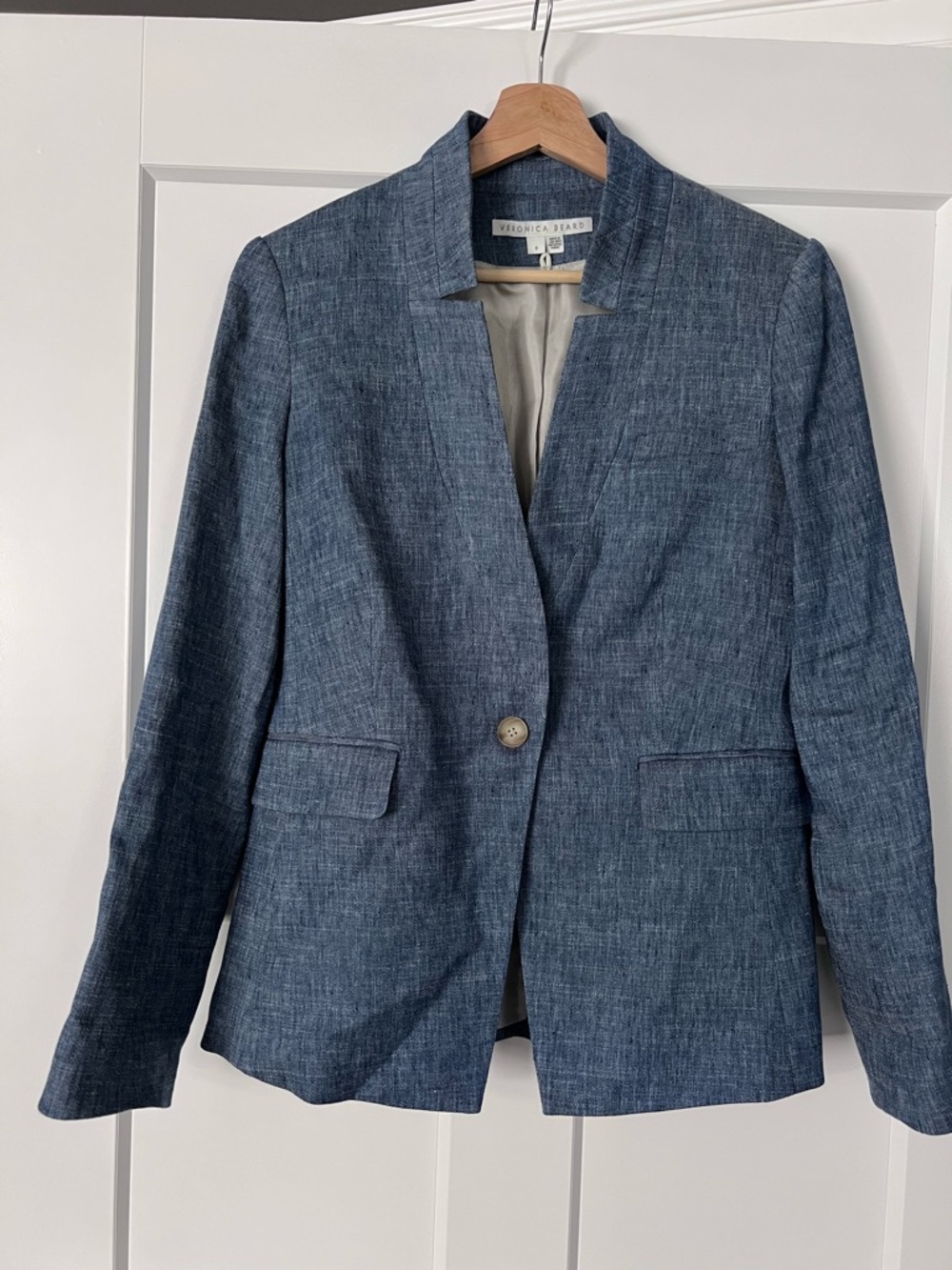 Veronica Beard Heathered Blue Single-Button Linen-Blend Blazer